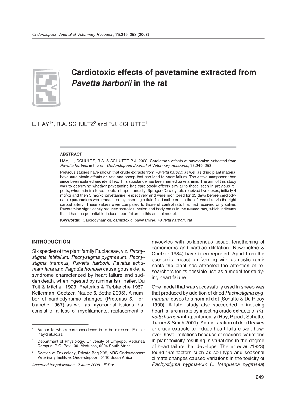 Cardiotoxic Effects of Pavetamine Extracted from Pavetta Harborii in the Rat