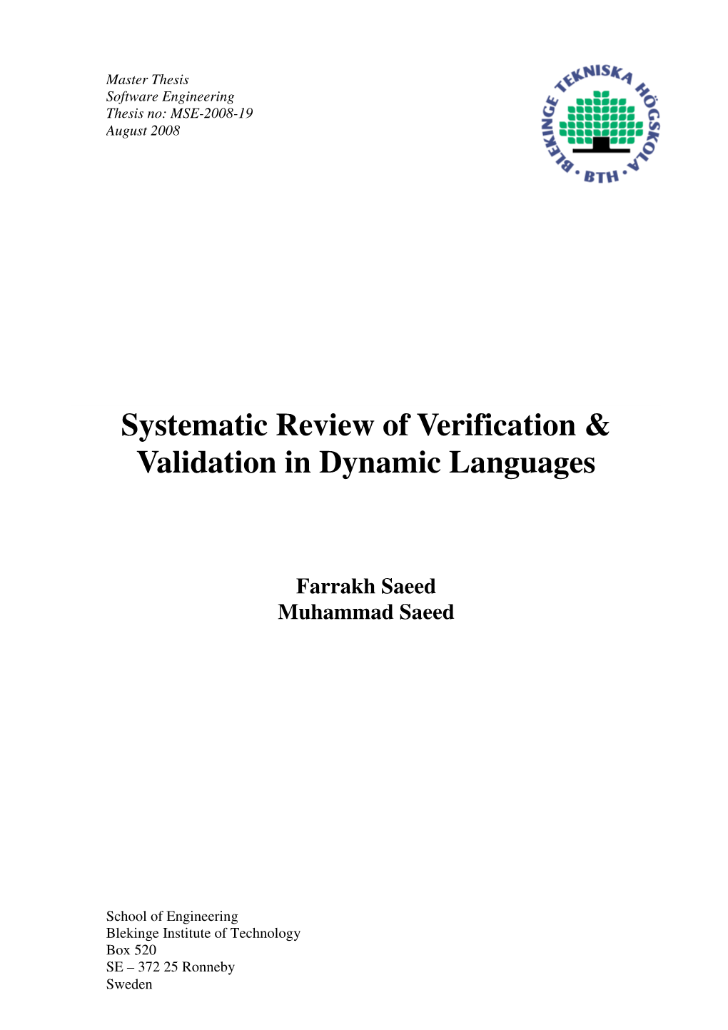 Systematic Review of Verification & Validation in Dynamic Languages