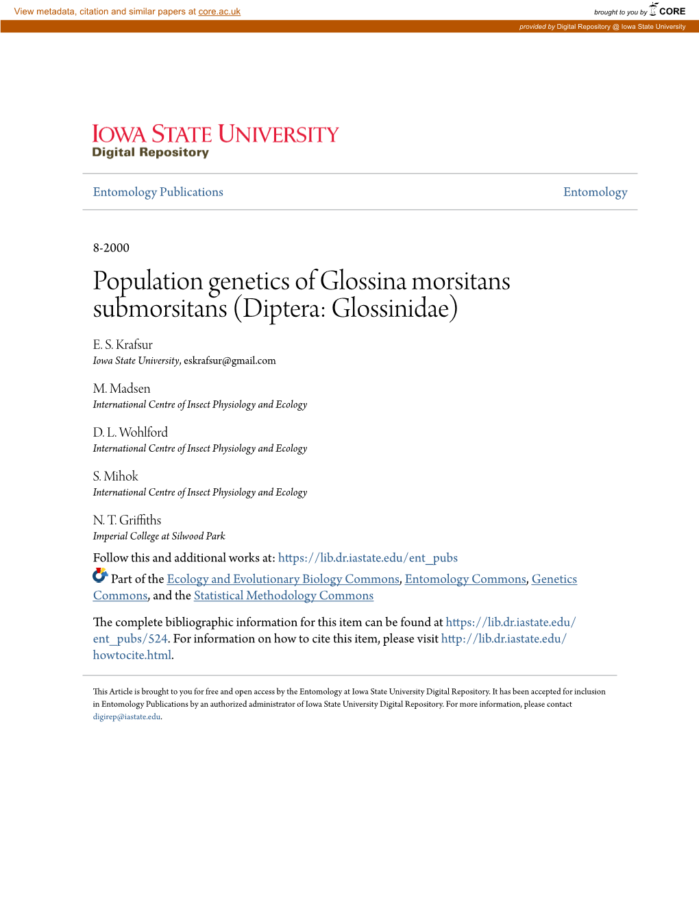 Population Genetics of Glossina Morsitans Submorsitans (Diptera: Glossinidae) E