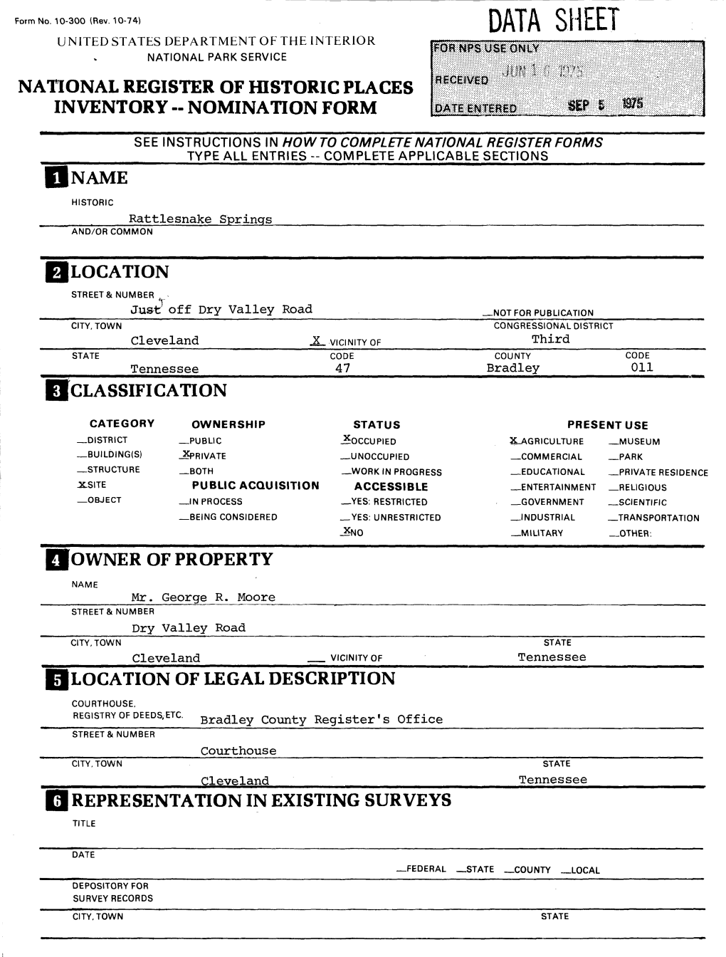 Data Sheet United States Department of the Interior National Park Service National Register of Historic Places Inventory -- Nomination Form