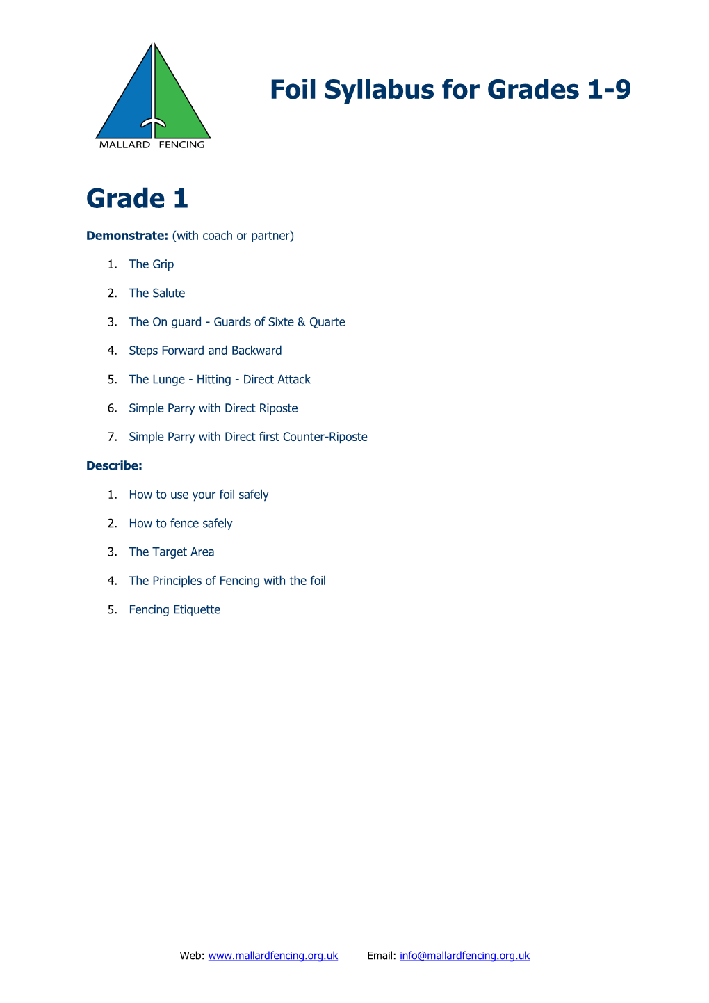 Foil Syllabus for Grades 1-9 Grade 1