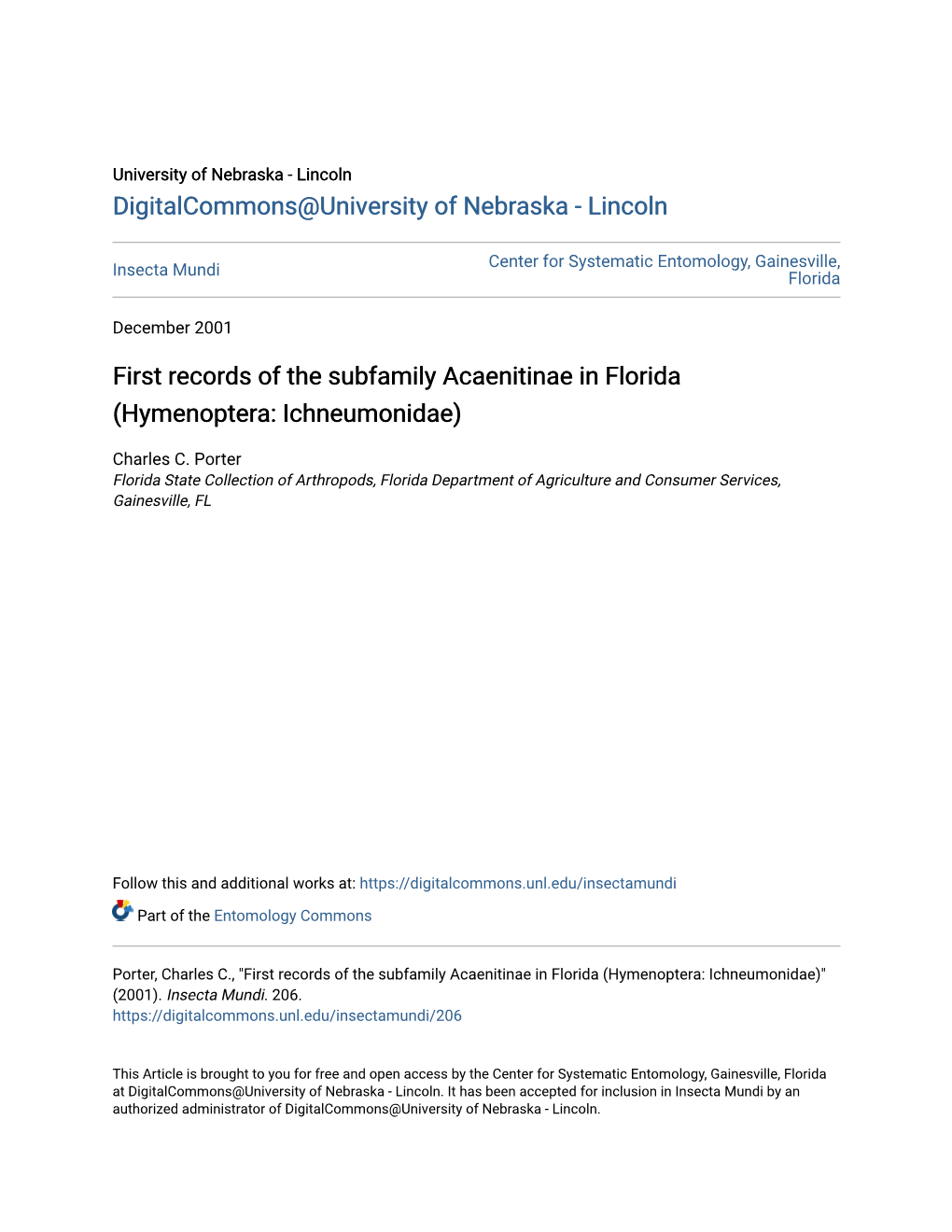 First Records of the Subfamily Acaenitinae in Florida (Hymenoptera: Ichneumonidae)