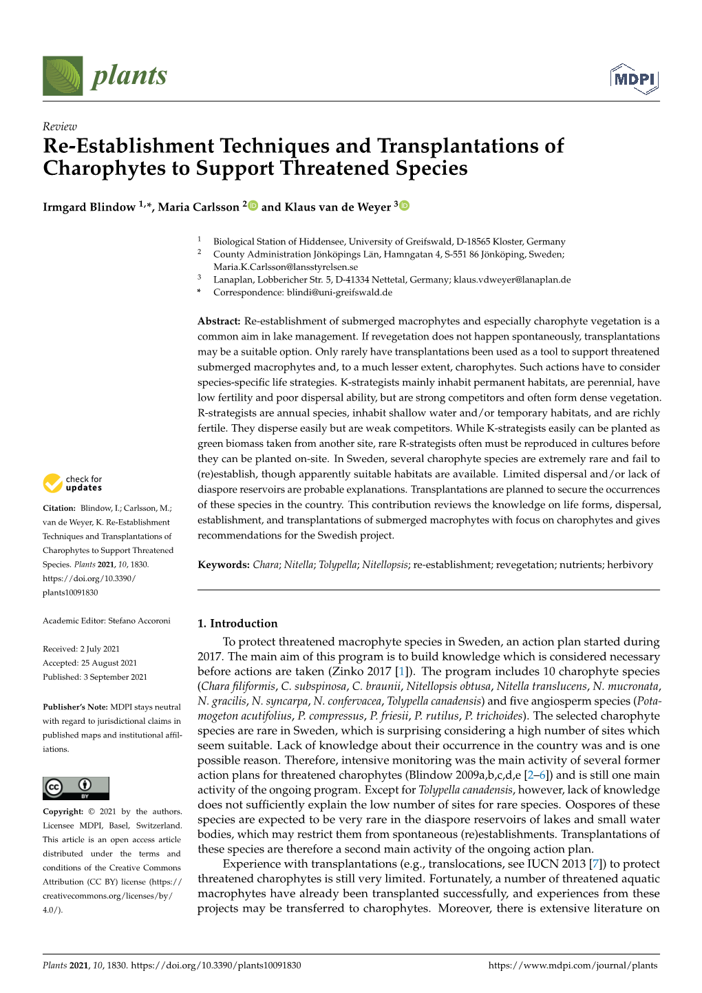 Re-Establishment Techniques and Transplantations of Charophytes to Support Threatened Species