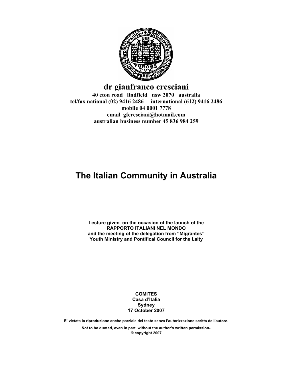 Dr Gianfranco Cresciani the Italian Community in Australia