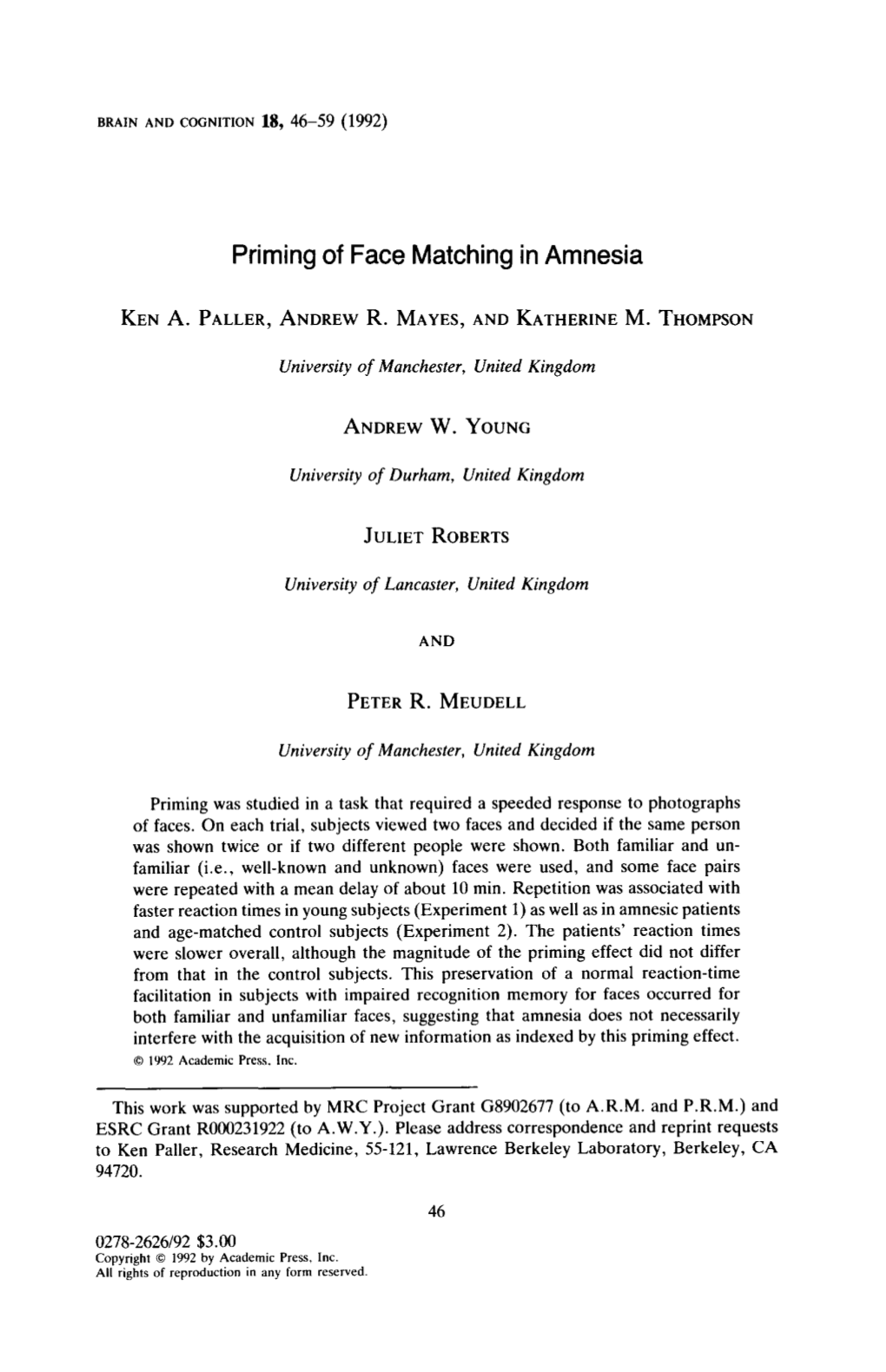 Priming of Face Matching in Amnesia