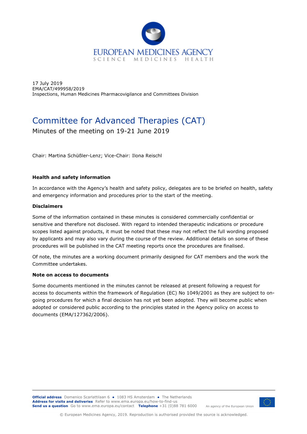 Committee for Advanced Therapies (CAT). Minutes of the Meeting 19