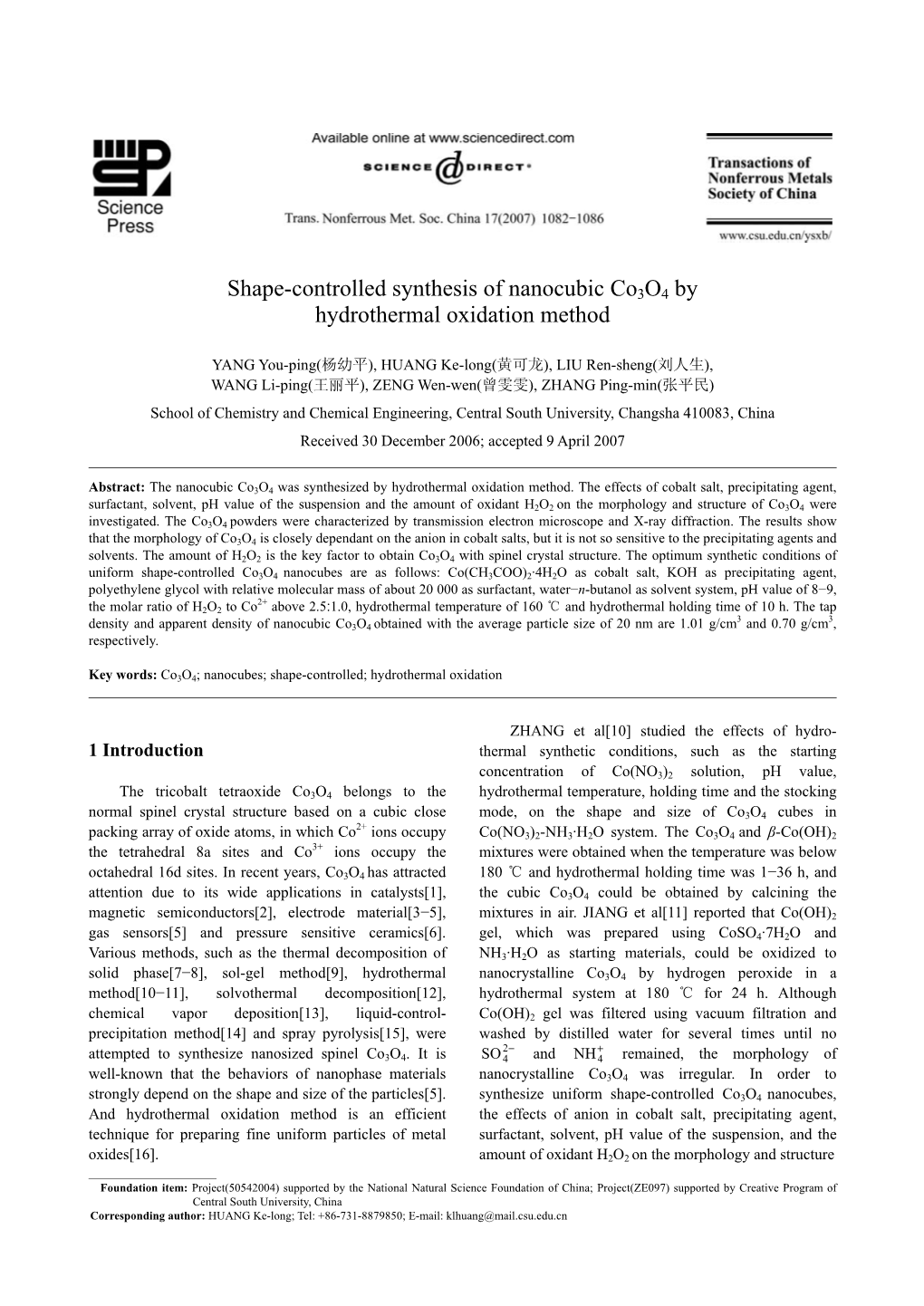 Shape-Controlled Synthesis of Nanocubic Co3o4 by Hydrothermal Oxidation Method