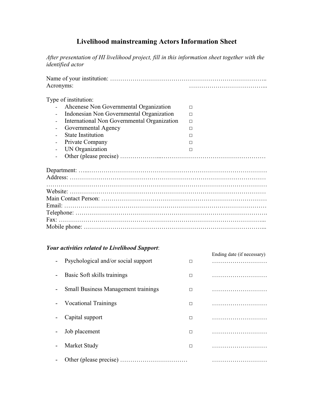 Livelihood Mainstreaming Actors Information Sheet