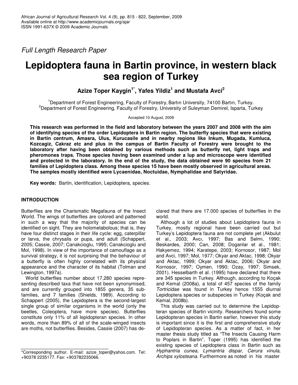 Lepidoptera Fauna in Bartin Province, in Western Black Sea Region of Turkey