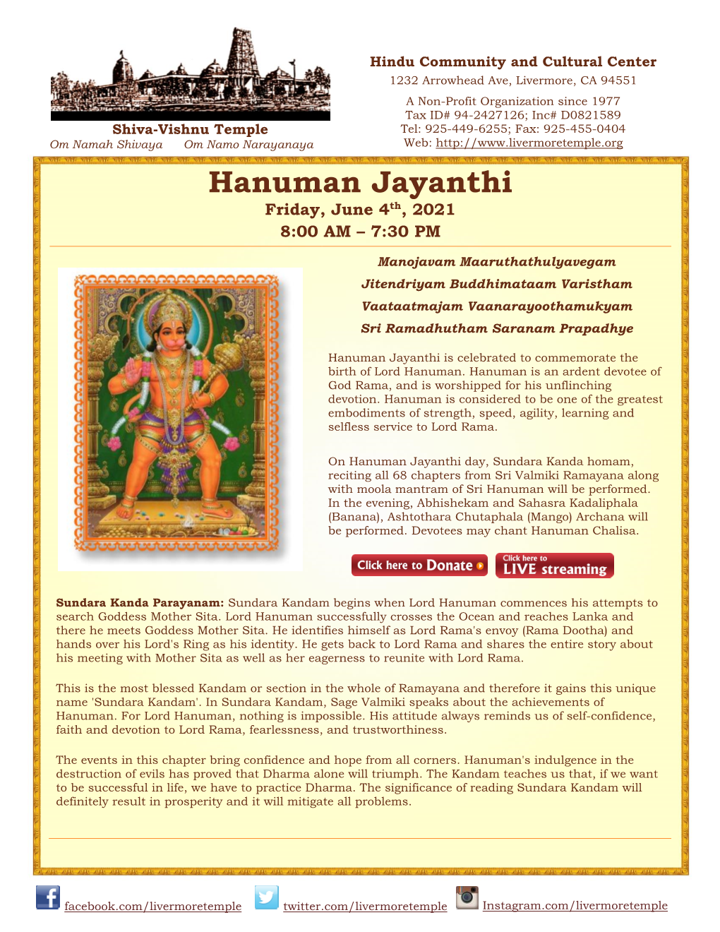 Hanuman Jayanthi Friday, June 4Th, 2021