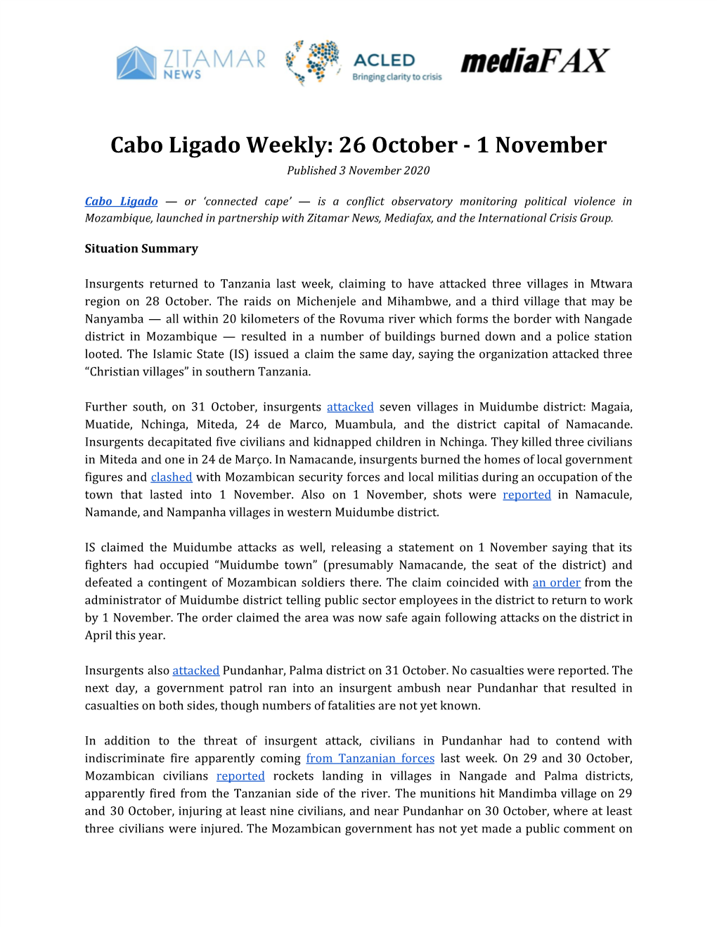 Cabo Ligado Weekly: 26 October - 1 November Published 3 November 2020