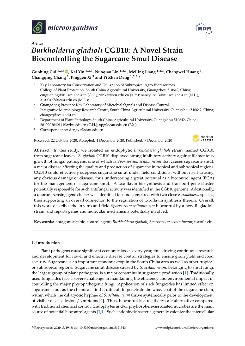 Burkholderia Gladioli CGB10: a Novel Strain Biocontrolling the Sugarcane Smut Disease