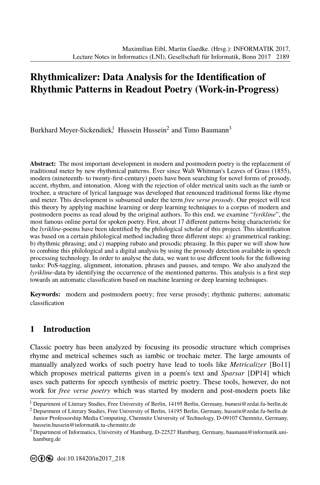 Data Analysis for the Identification of Rhythmic Patterns in Readout Poetry (Work-In-Progress)