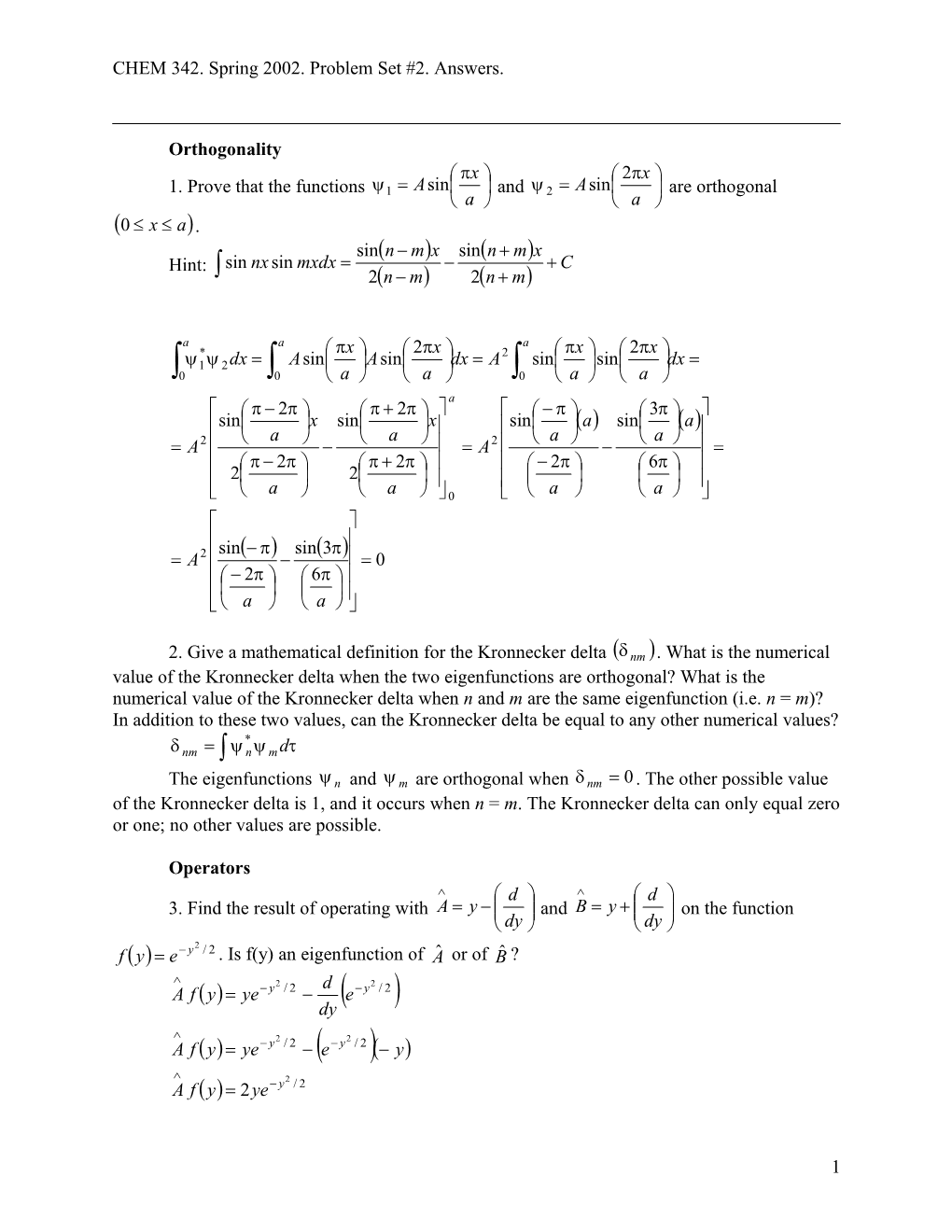 CHEM 342. Spring 2002. Problem Set #2. Answers