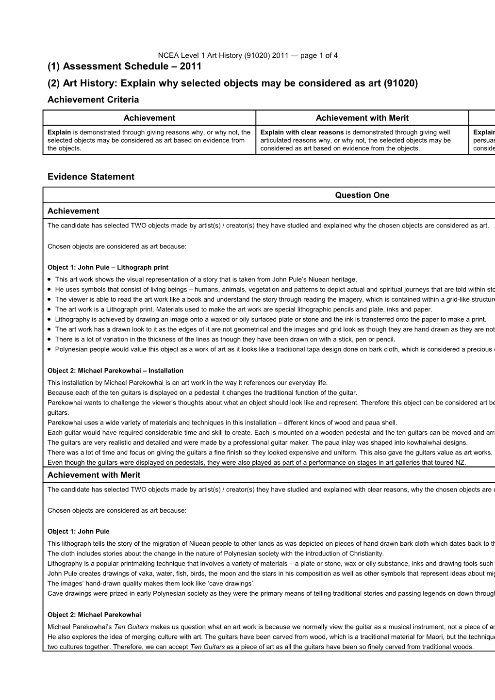 Level 1 Art History (91020) 2011 Assessment Schedule