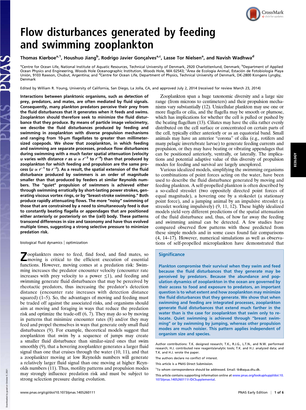 Flow Disturbances Generated by Feeding and Swimming Zooplankton