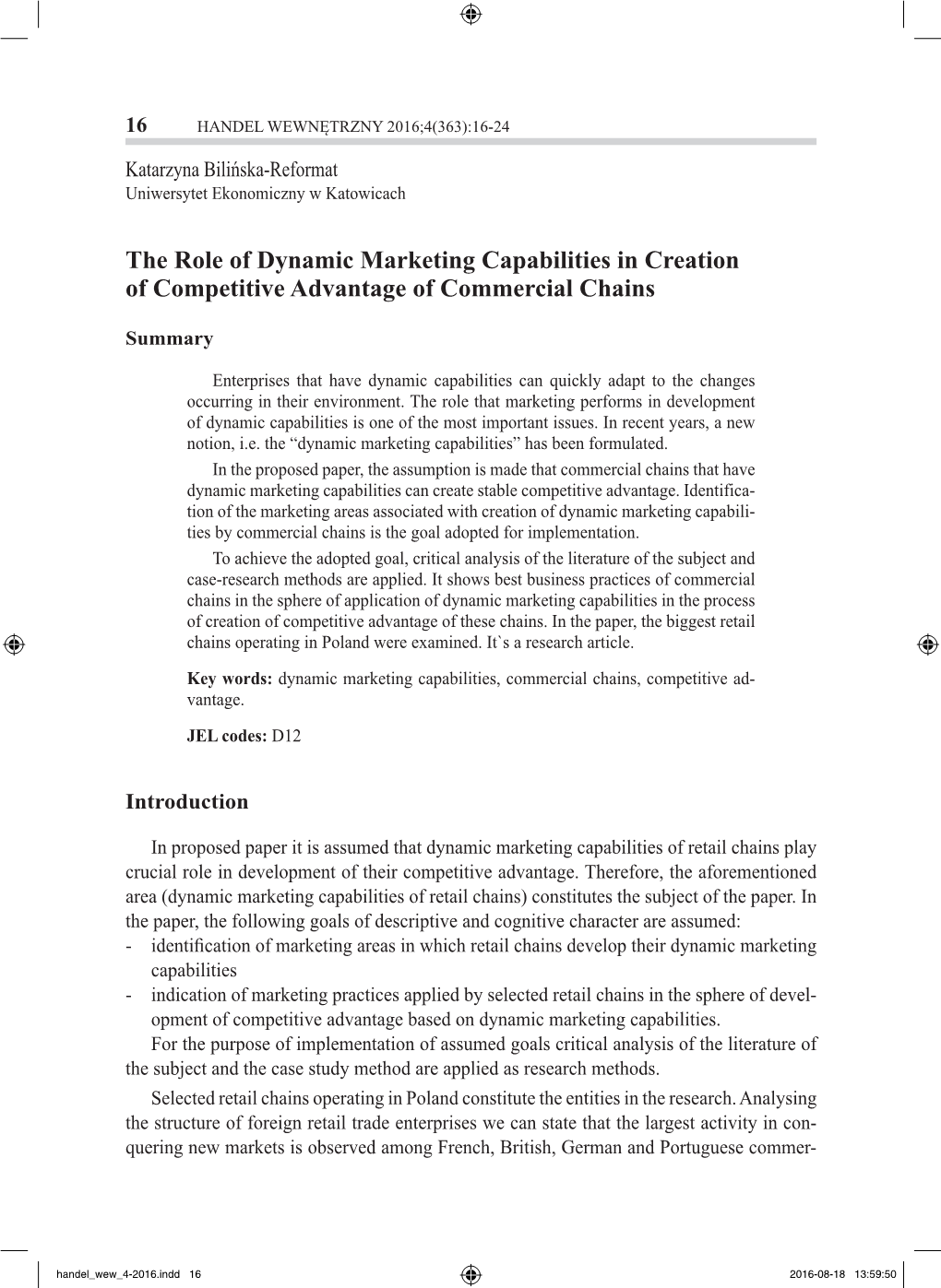 The Role of Dynamic Marketing Capabilities in Creation of Competitive Advantage of Commercial Chains