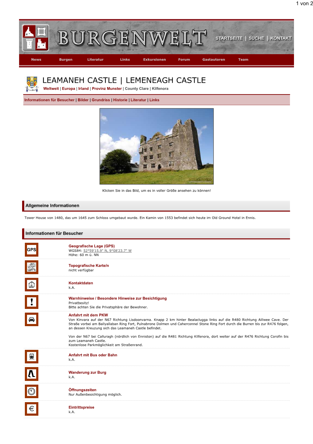 LEAMANEH CASTLE | LEMENEAGH CASTLE Weltweit | Europa | Irland | Provinz Munster | County Clare | Kilfenora