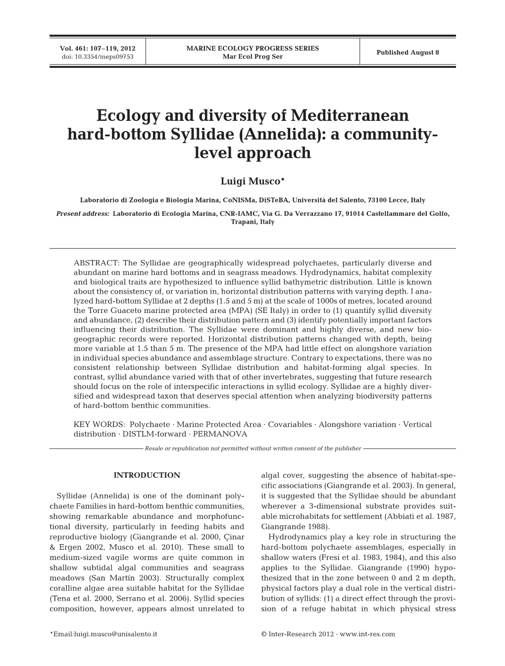 Ecology and Diversity of Mediterranean Hard-Bottom Syllidae (Annelida): a Community- Level Approach