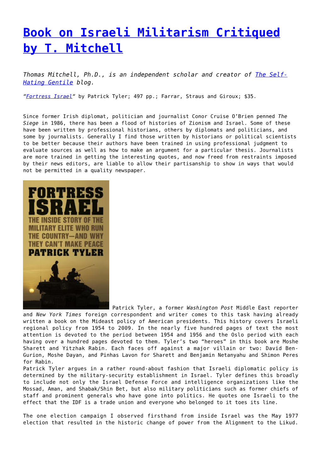 Book on Israeli Militarism Critiqued by T. Mitchell