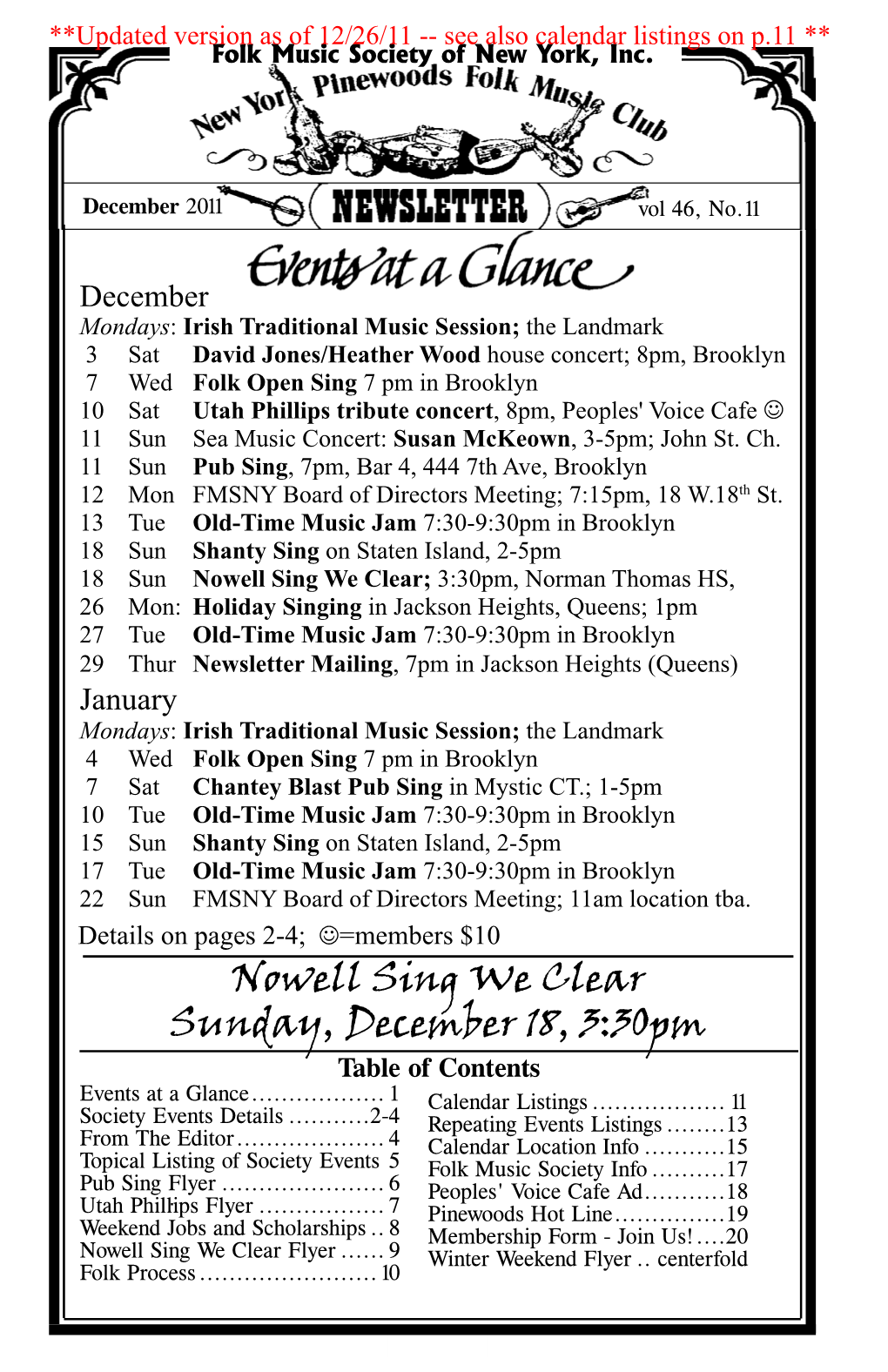 Nowell Sing We Clear Sunday, December 18, 3:30Pm Table of Contents Events at a Glance