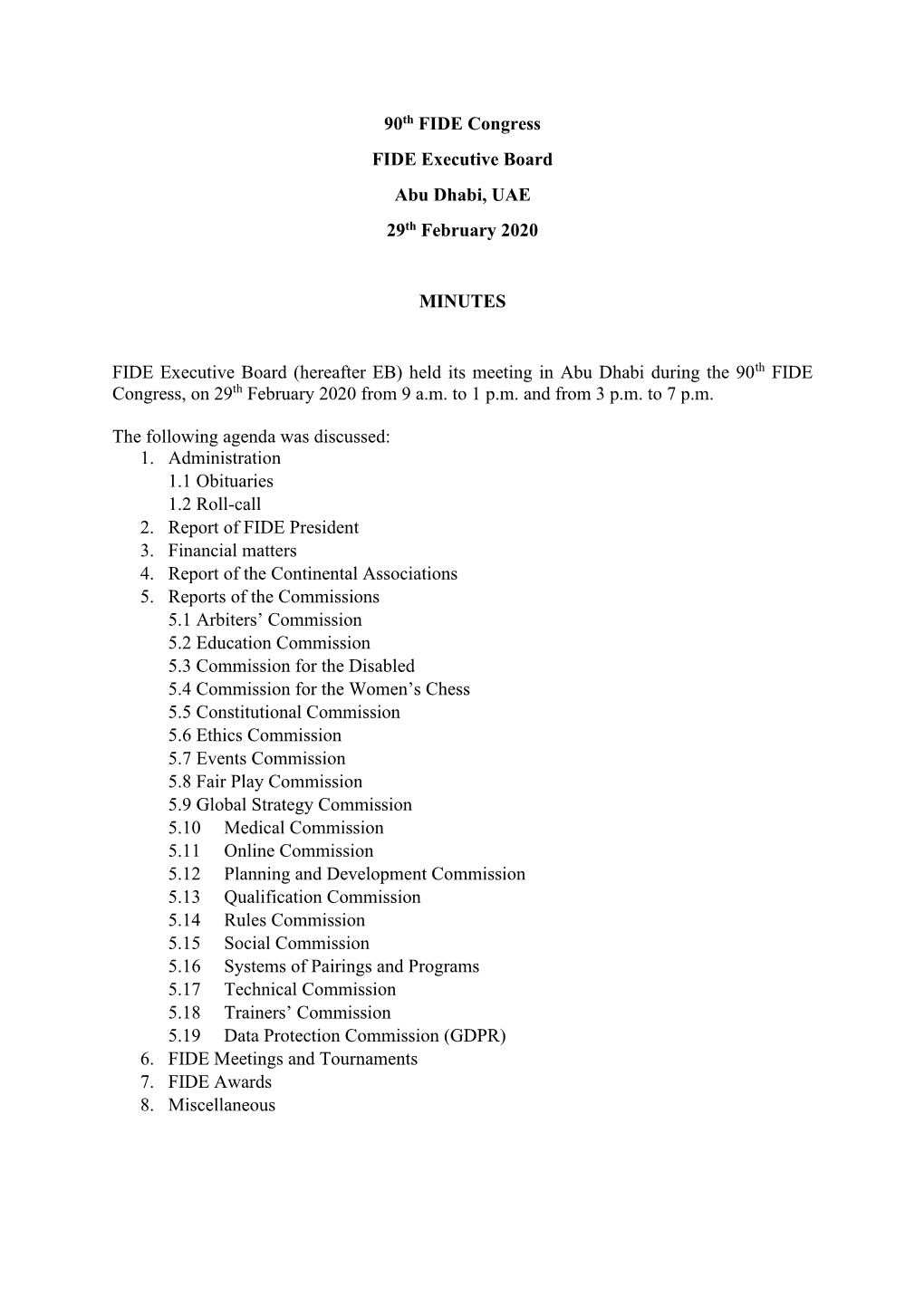 2020 FIDE Executive Board Minutes
