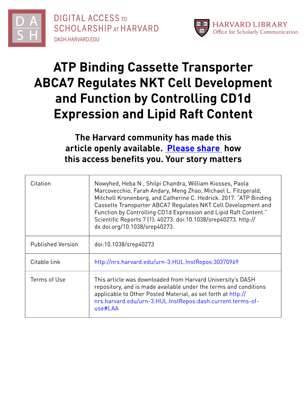 ATP Binding Cassette Transporter ABCA7 Regulates NKT Cell Development and Function by Controlling Cd1d Expression and Lipid Raft Content