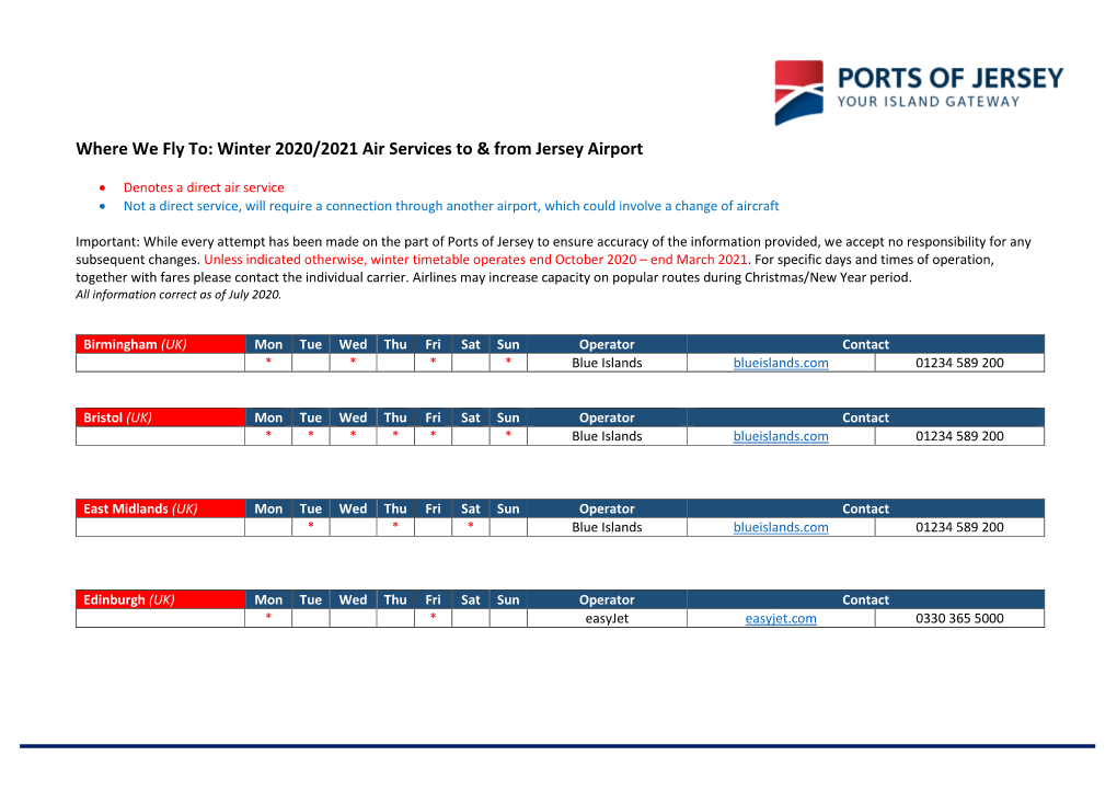 Winter 2020/2021 Air Services to & from Jersey Airport