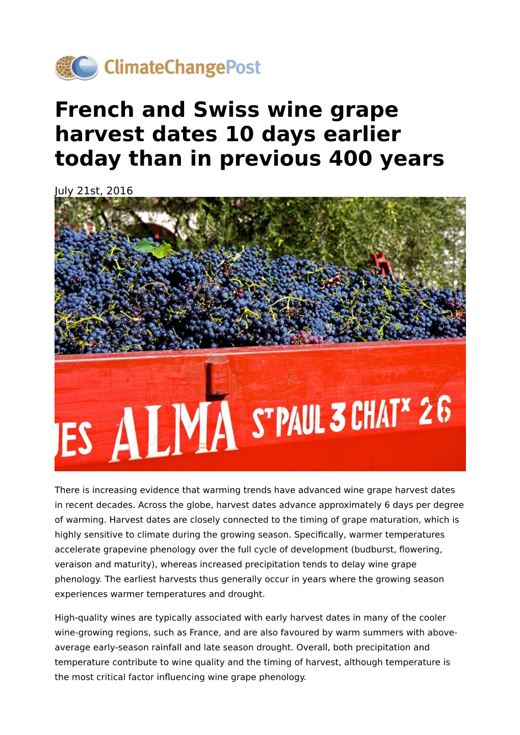 French and Swiss Wine Grape Harvest Dates 10 Days Earlier Today Than in Previous 400 Years