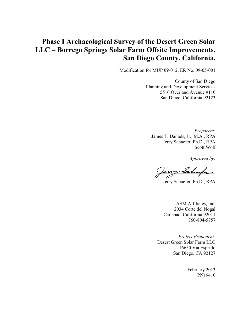 Phase I Archaeological Survey of the Desert Green Solar LLC – Borrego Springs Solar Farm Offsite Improvements, San Diego County, California