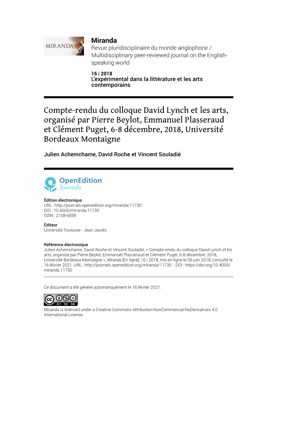 Compte-Rendu Du Colloque David Lynch Et Les Arts, Organisé Par Pierre Beylot, Emmanuel Plasseraud Et Clément Puget, 6-8 Décembre, 2018, Université Bordeaux Montaigne