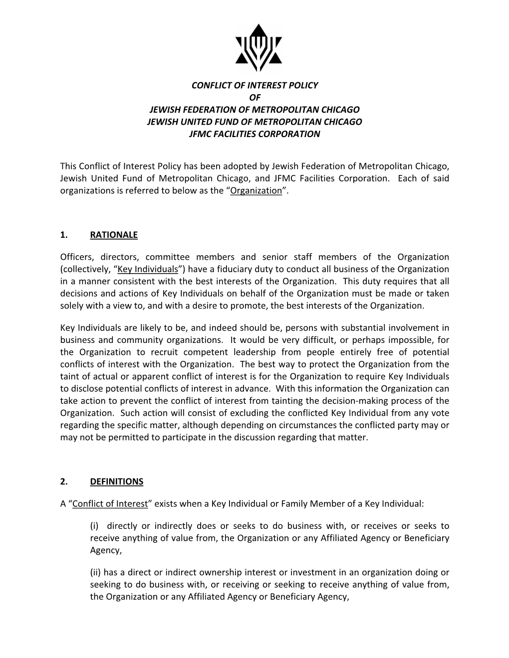 Conflict of Interest Policy of Jewish Federation of Metropolitan Chicago Jewish United Fund of Metropolitan Chicago Jfmc Facilities Corporation