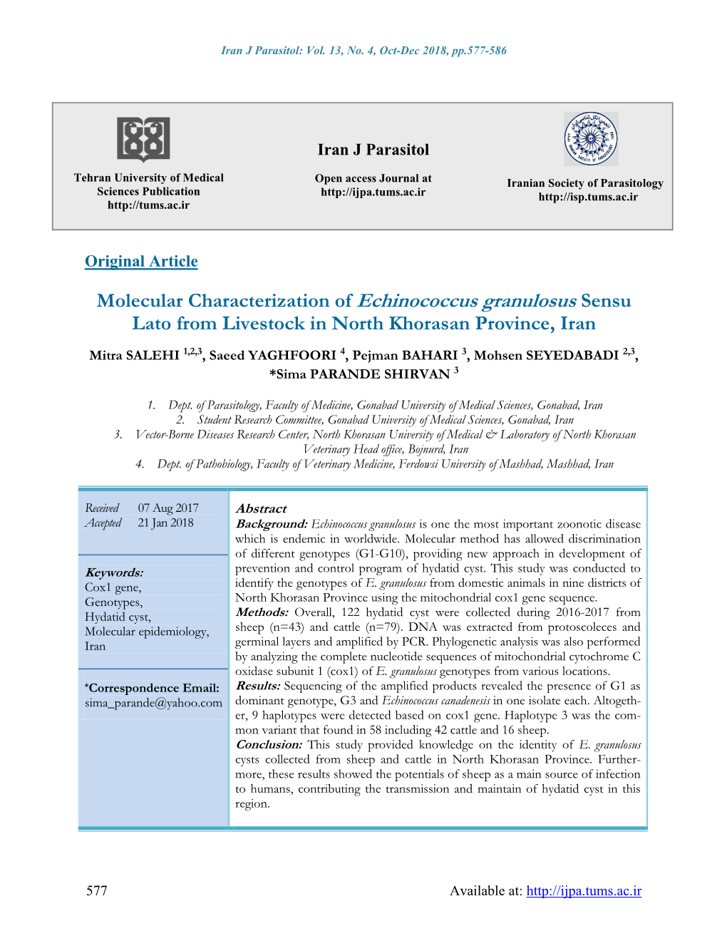 Molecular Characterization of Echinococcus Granulosus Sensu Lato from Livestock in North Khorasan Province, Iran