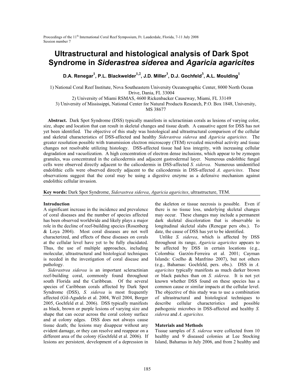 Ultrastructural and Histological Analysis of Dark Spot Syndrome in Siderastrea Siderea and Agaricia Agaricites