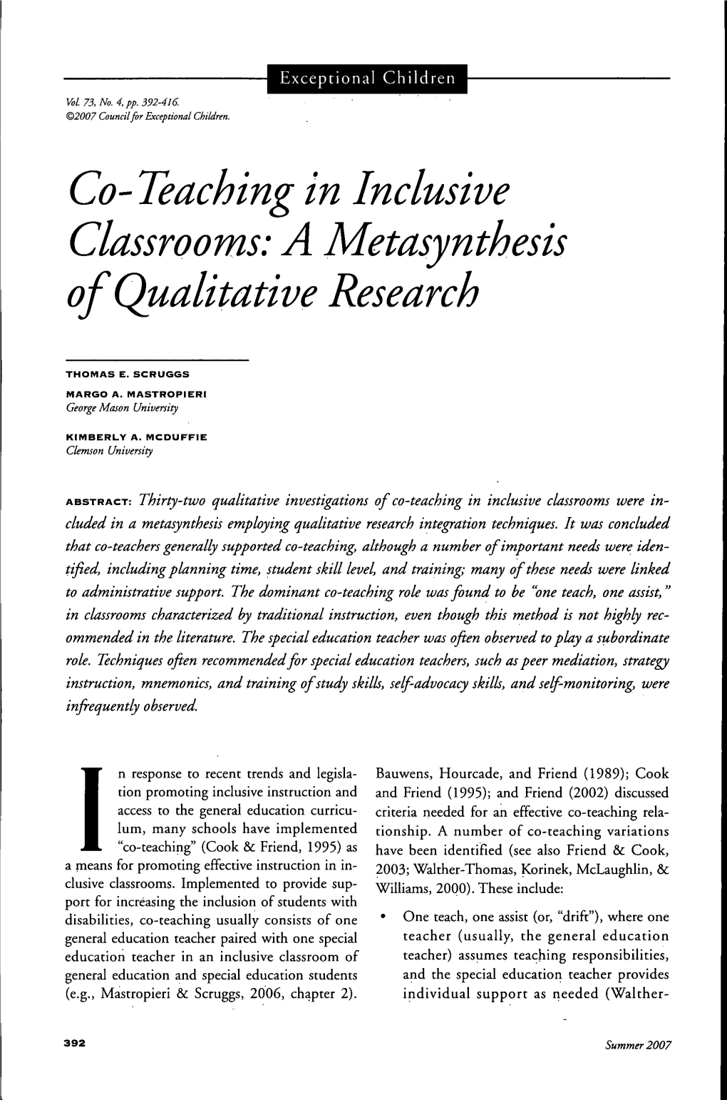 Co-Teaching in Inclusive Classrooms: a Metasynthesis of Qualitative