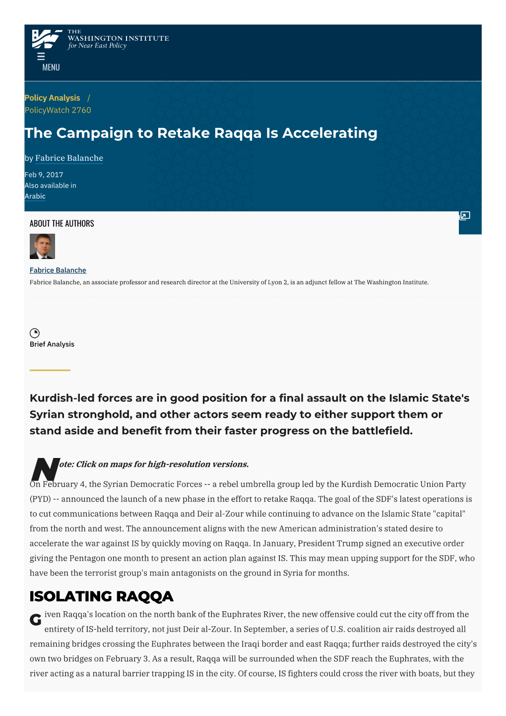The Campaign to Retake Raqqa Is Accelerating by Fabrice Balanche