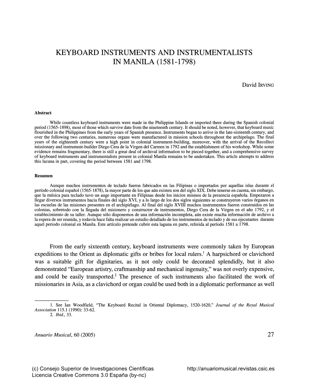 Keyboard Instruments and Instrumentalists in Manila (1581-1798)