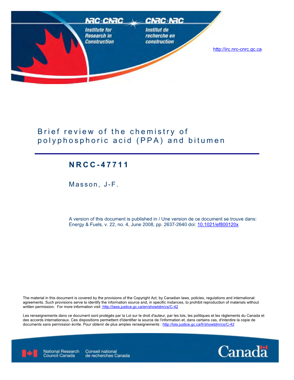 Brief Review of the Chemistry of Polyphosphoric Acid (PPA) and Bitumen