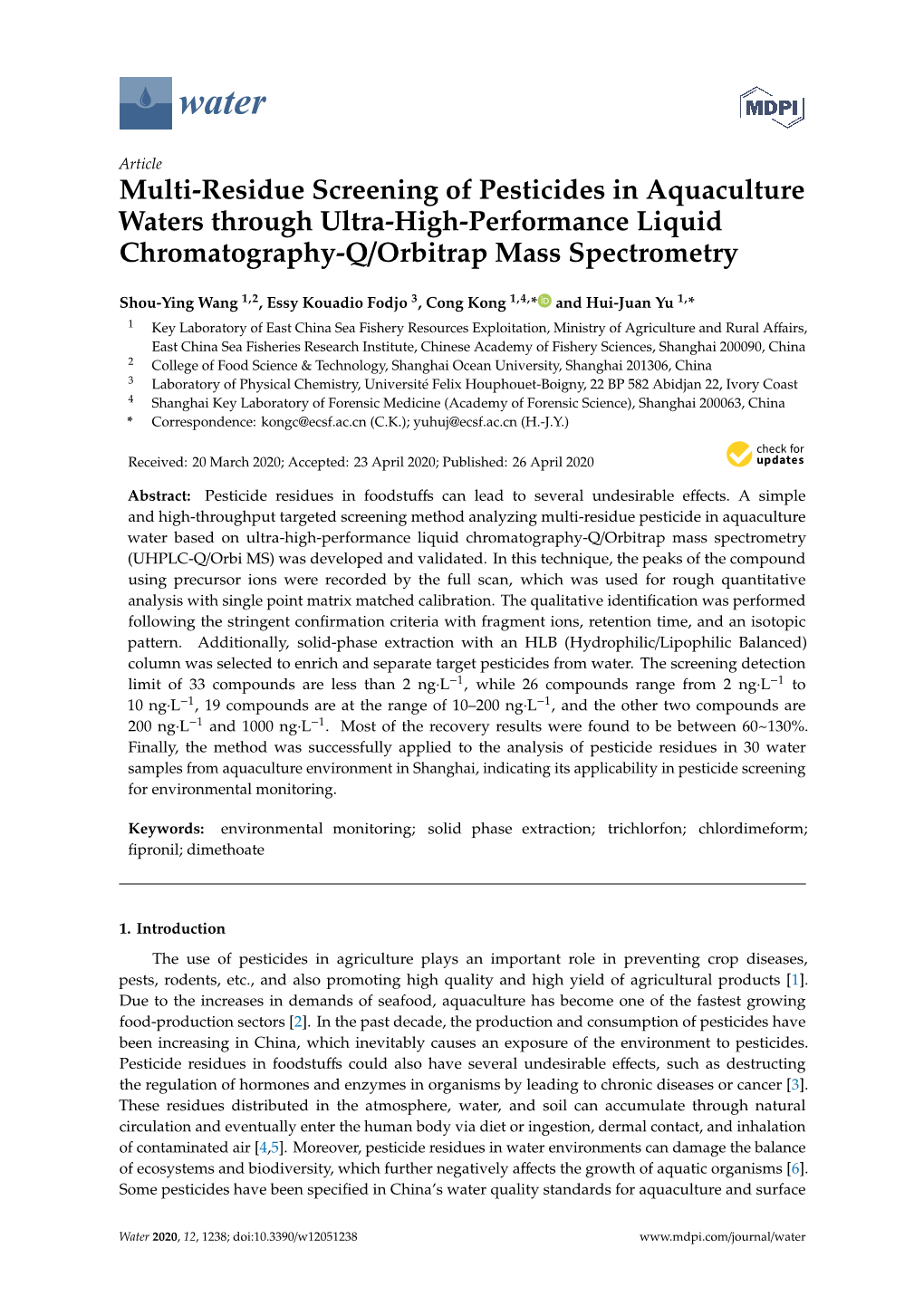 Multi-Residue Screening of Pesticides in Aquaculture Waters Through Ultra-High-Performance Liquid Chromatography-Q/Orbitrap Mass Spectrometry