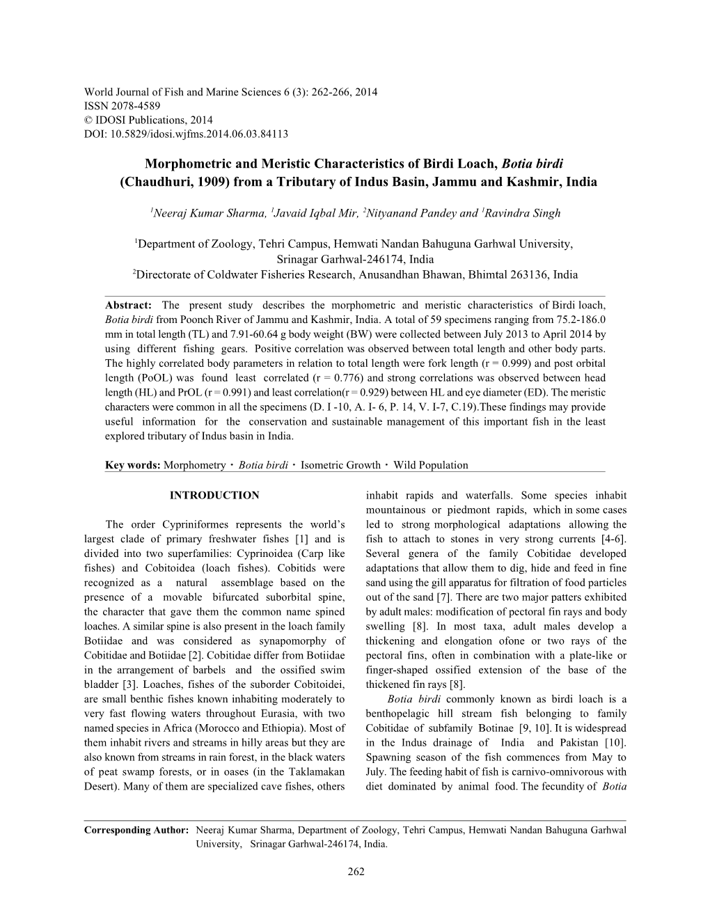 Morphometric and Meristic Characteristics of Birdi Loach, Botia Birdi (Chaudhuri, 1909) from a Tributary of Indus Basin, Jammu and Kashmir, India