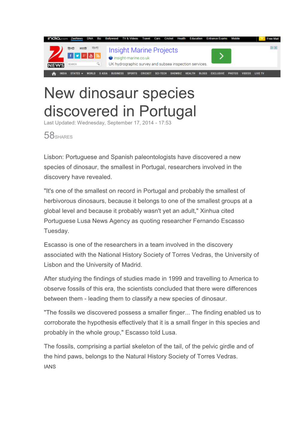 New Dinosaur Species Discovered in Portugal Last Updated: Wednesday, September 17, 2014 - 17:53
