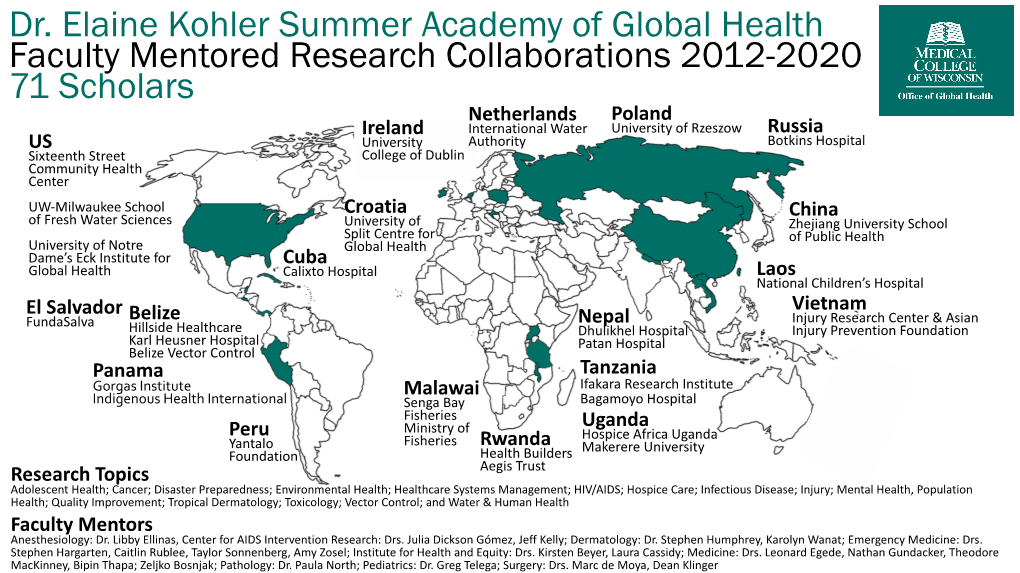 2012-2020 Map of Kohler Summer Academy of Global Health Scholars
