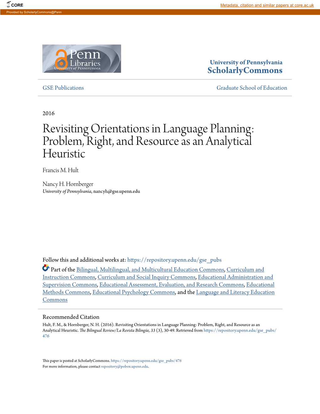 Revisiting Orientations in Language Planning: Problem, Right, and Resource As an Analytical Heuristic Francis M