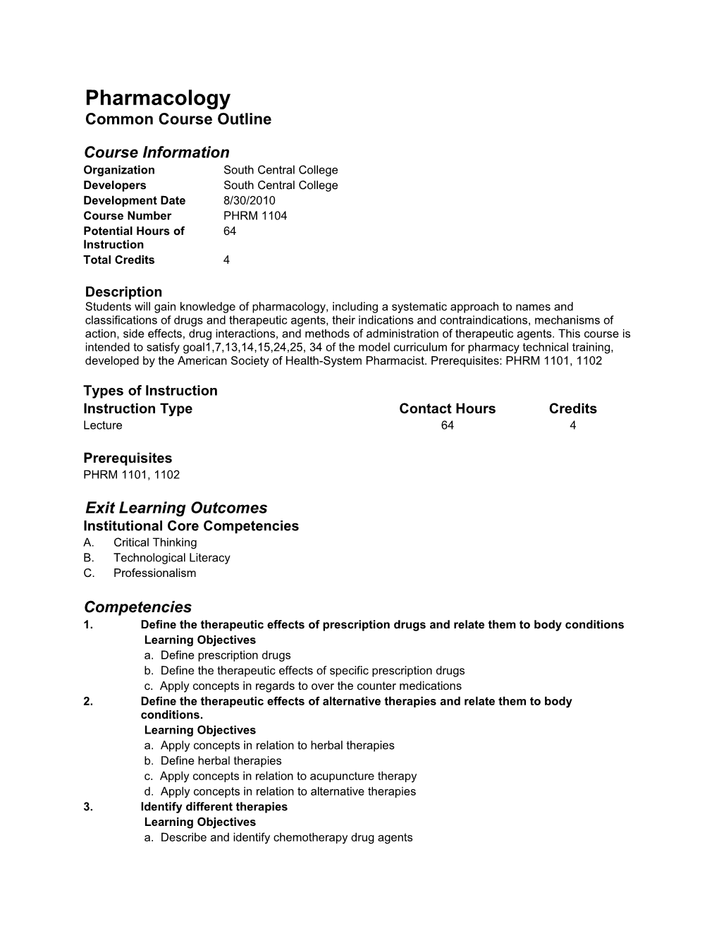 Pharmacology Common Course Outline