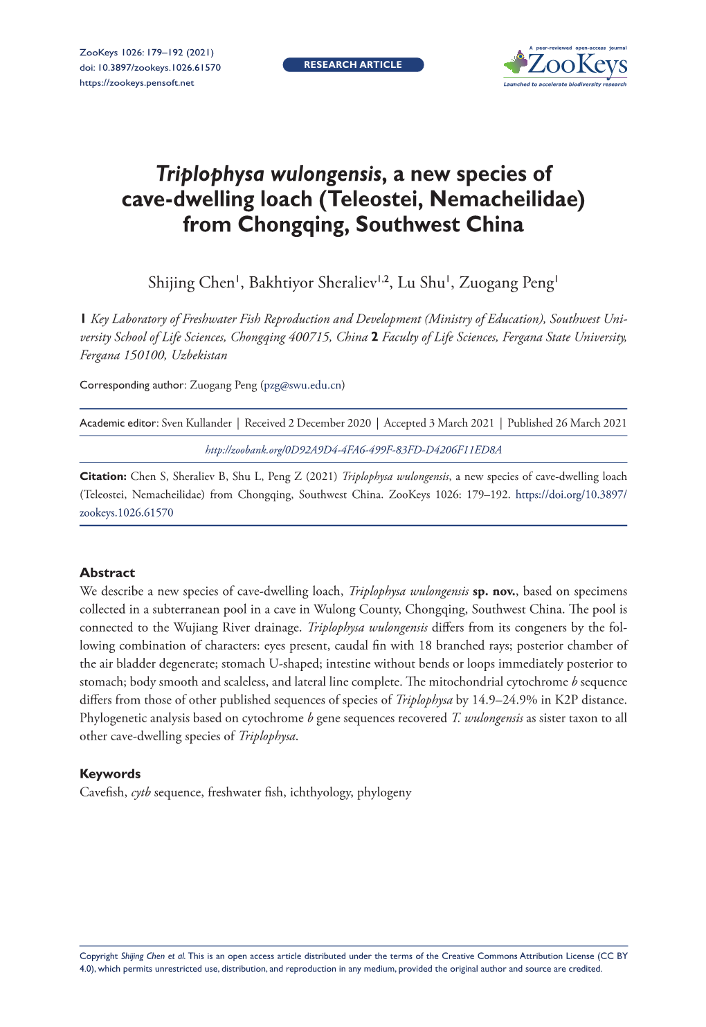 A New Species of Cave-Dwelling Loach (Teleostei, Nemacheilidae) from Chongqing, Southwest China