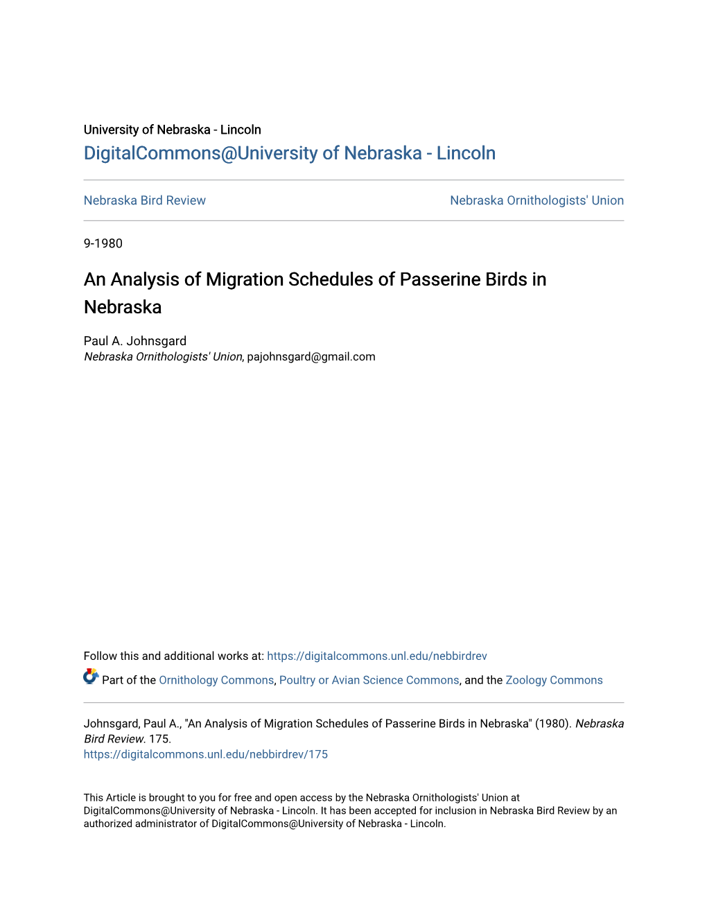 An Analysis of Migration Schedules of Passerine Birds in Nebraska