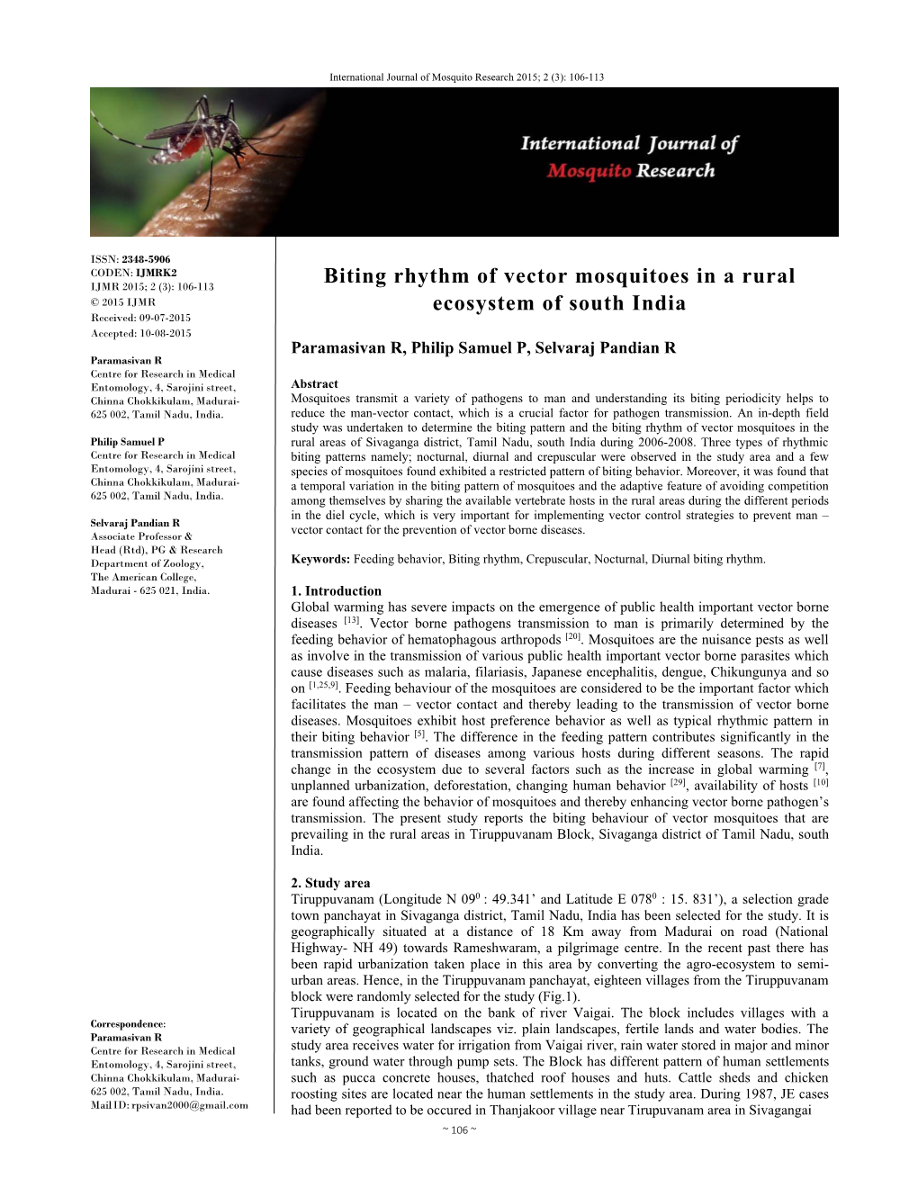 Biting Rhythm of Vector Mosquitoes in a Rural Ecosystem of South India