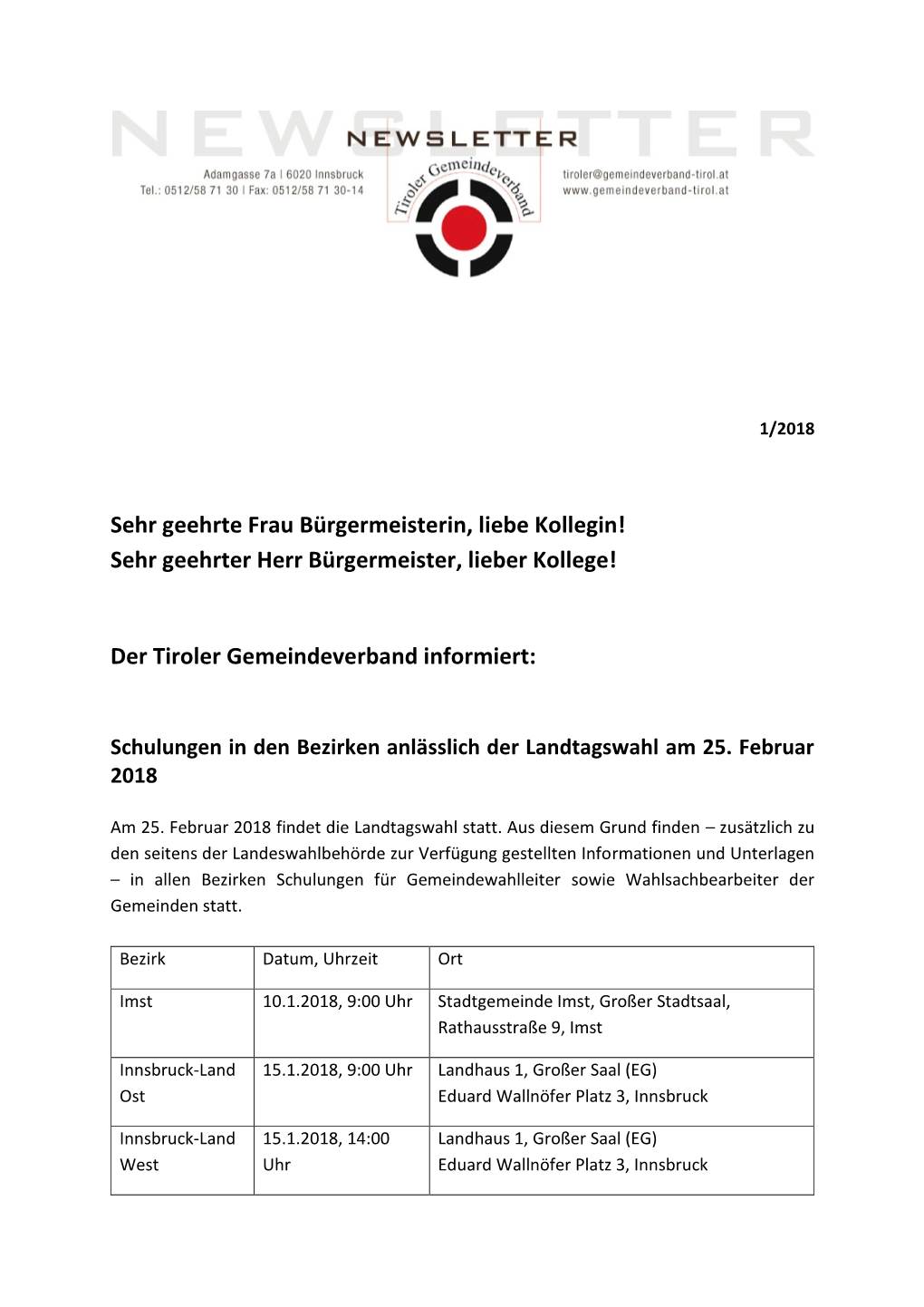 Newsletter Jänner 2018