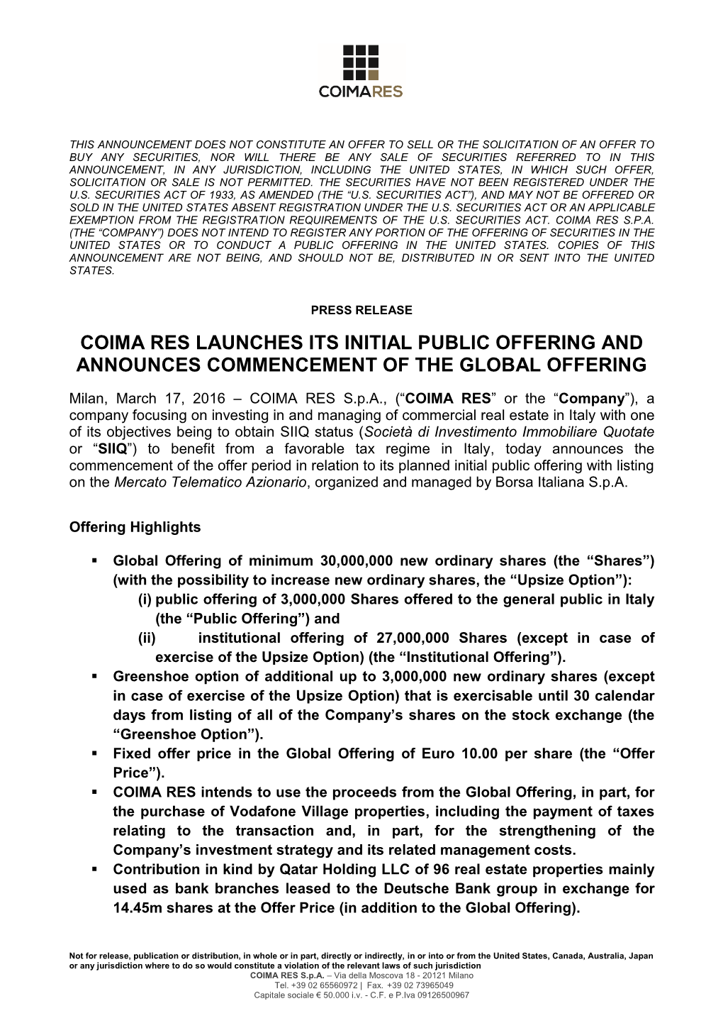 Coima Res Launches Its Initial Public Offering and Announces Commencement of the Global Offering