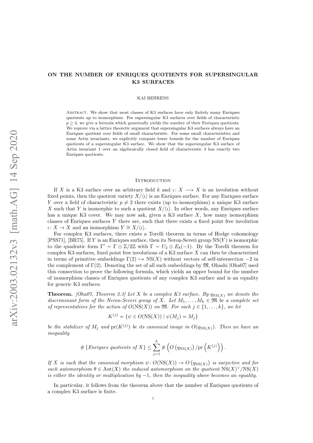 Arxiv:2003.02132V3 [Math.AG] 14 Sep 2020 (J) Be the Stabilizer of Mj and Pr(K ) Be Its Canonical Image in O(Qns(X))